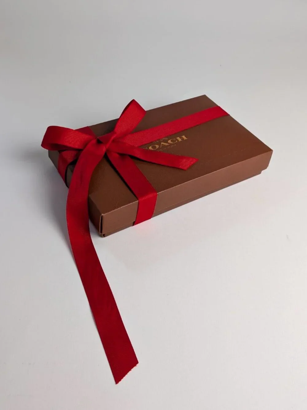 Authentic Coach Brown Wallet Gift Box Set with Red Ribbon, Tissue & Sticker